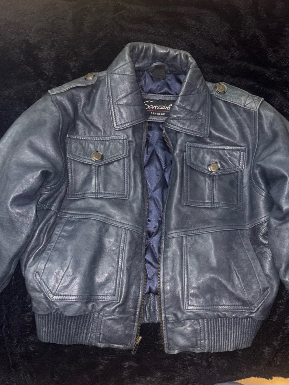 Othr Navy Leather Bomber Jacket with Pocket Details
